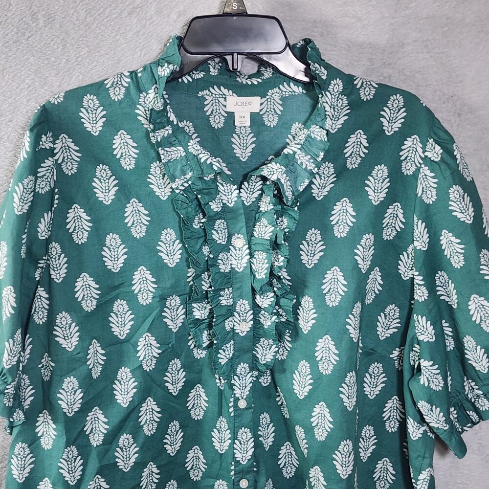 J Crew Ruffle Collar Blouse Top Green 3 Button 100% Cotton Womens Plus Size 3XL - Picture 3 of 10